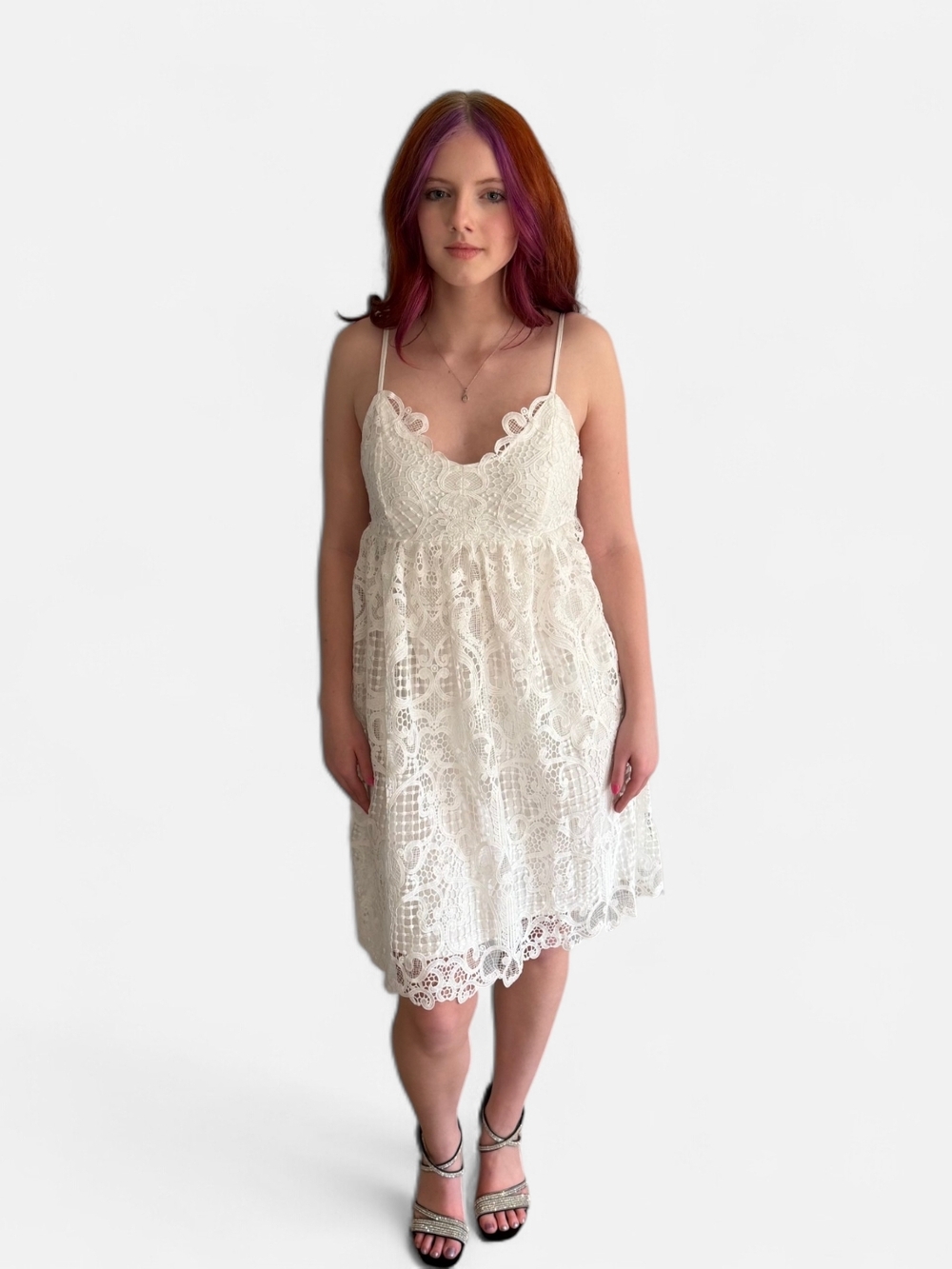 VILA White Lace Midi Dress with Scalloped Trim